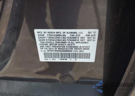 2012 Honda Pilot Ex-L from USA, damaged, VIN 5FNYF4H55CB080944